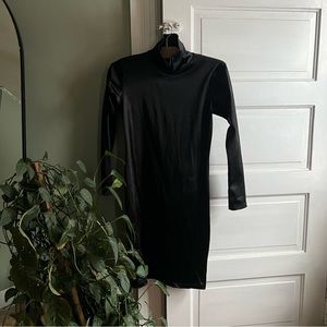 Vintage 90’s shiny black mockneck bodycon minidress with open back cutout